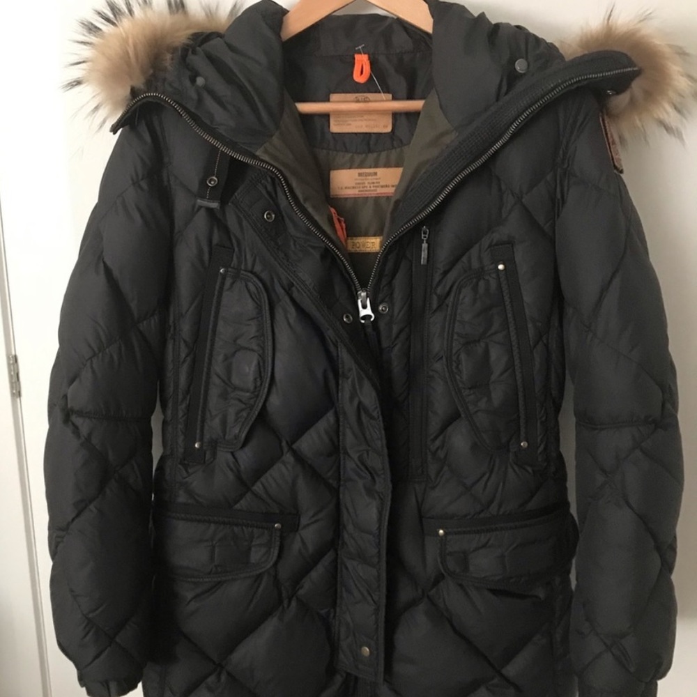 Authentic Parajumper black down fur hooded long puffer coat - medium